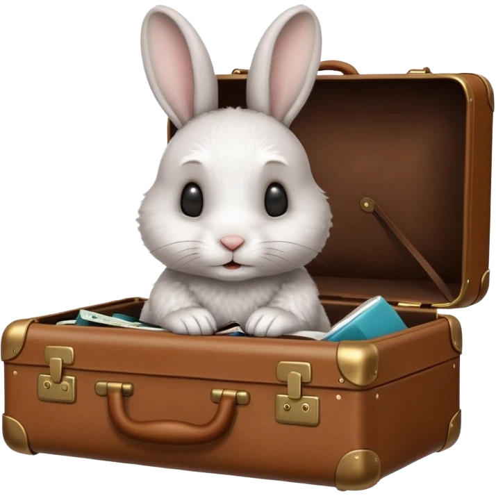 A curious rabbit nudging a tiny suitcase with its nose emoji