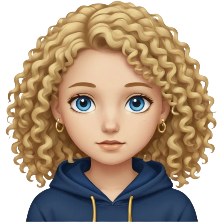 make a emoji girl with dirty blonde curly hair blue eyes a navy hoodie a blakc skirt and a bunhch of gold jewlary emoji