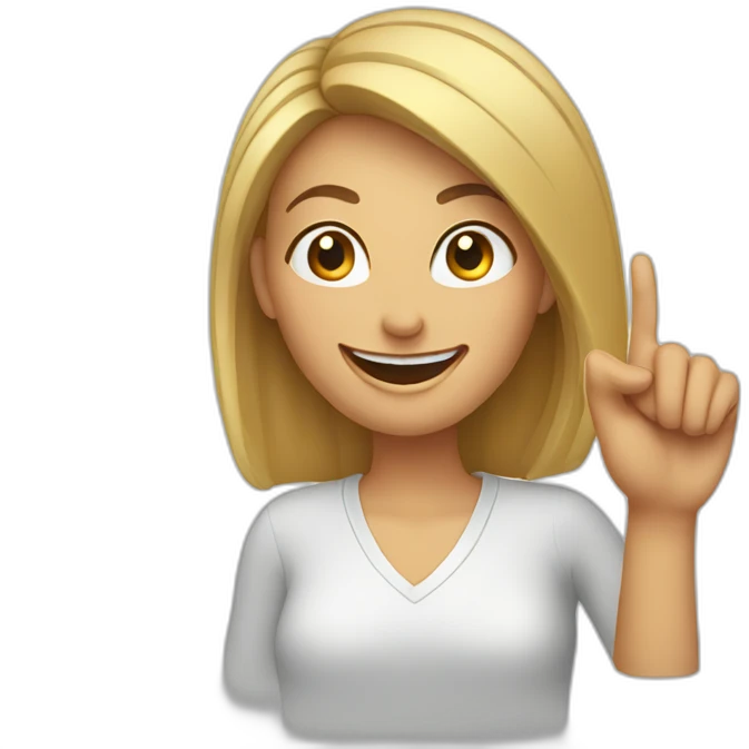 Woman with wide smile pointing with finger to her temple in the head emoji