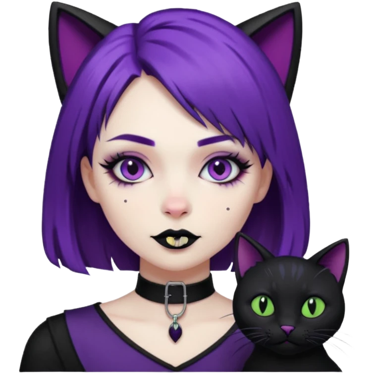 Goth purple woman with black cat. Animated emoji
