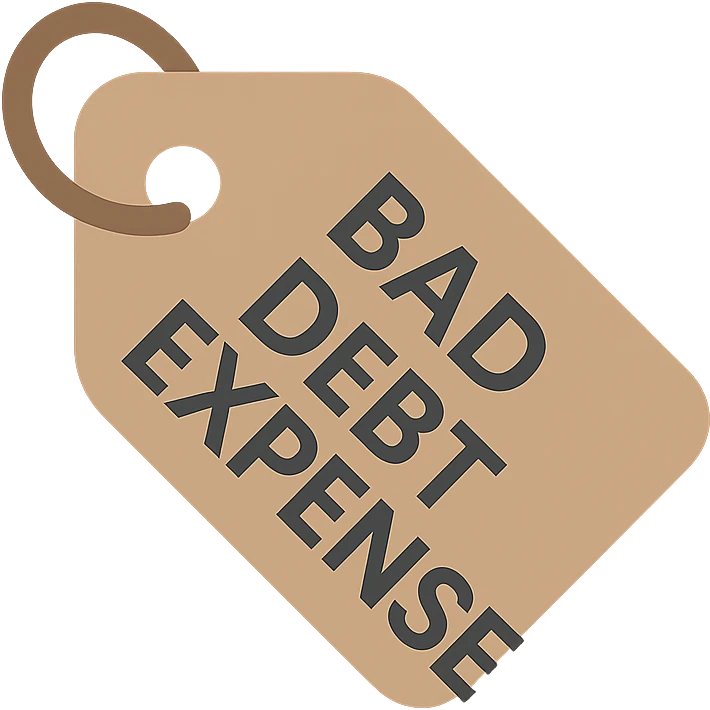 brown price tag icon with 'bad debt expense' in bold clear lettering emoji