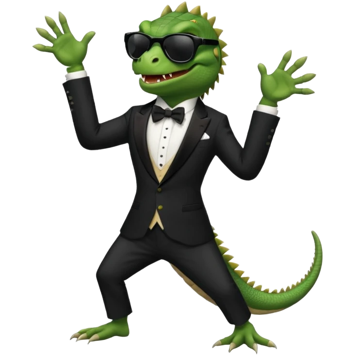capitalist iguana banker in tuxedo and black sunglasses dancing crazy emoji