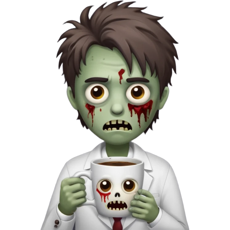 A cute but exhausted office worker character looking like a zombie, holding a giant cup of coffee, dark circles under eyes, messy hair, flat 2D vector art, white background, "Monday Vibes" text. emoji
