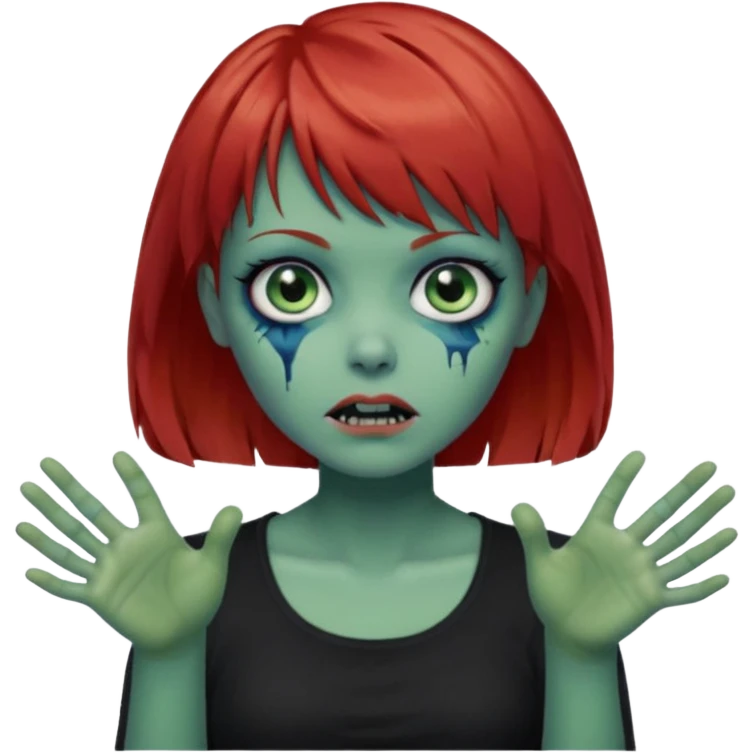 Zombie girl emoji with short red hair and bangs. Blue eyes, green skin, and a black top Her hair is slightly wavy and she has her hands outstretched in front of her.  emoji