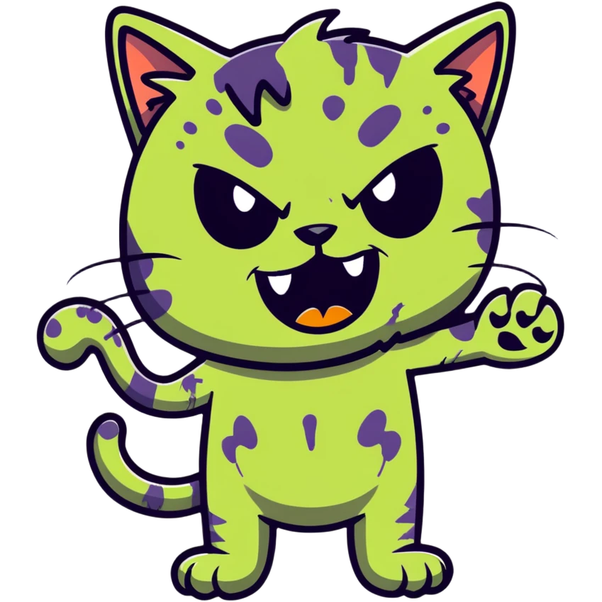 cat zombie emoji, tattered fur, one paw missing, silly grin emoji