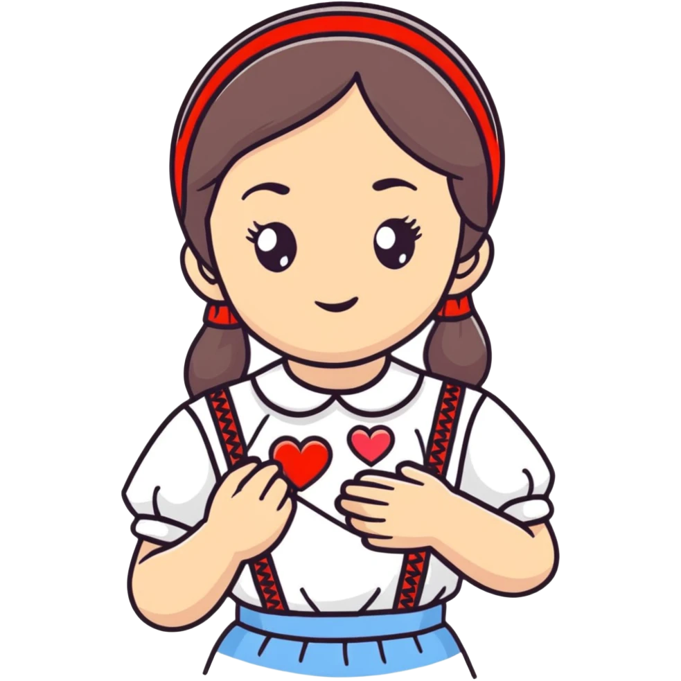 Ukrainian girl in a white embroidered shirt holds a heart in her hand emoji