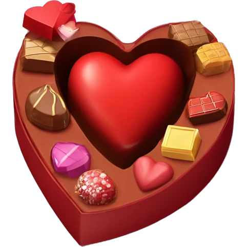 A heart shaped red chocolate box partialy closed to reveal some chocolates inside emoji