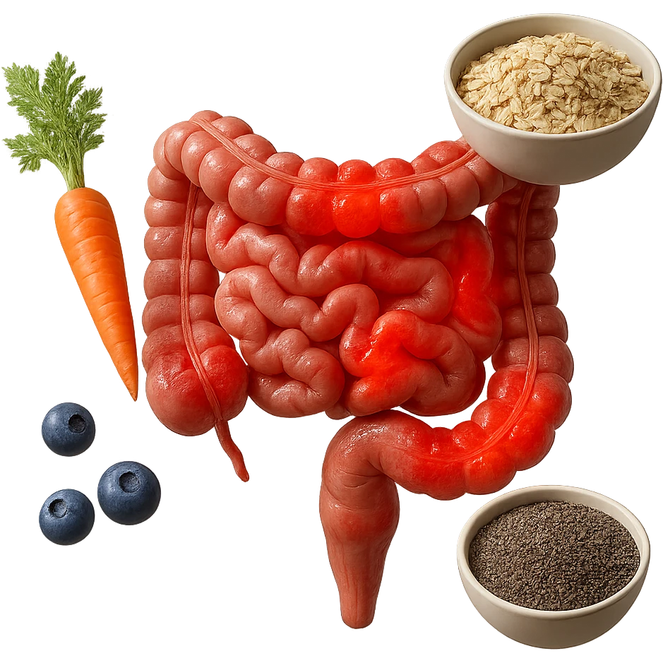 intestino umano anatomico infiammato al centro con carota, bowl di avena, mirtilli, bowl di semi di chia che gli fluttuano intorno , iperrealistico 4k emoji