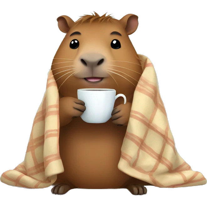 Capybara cozy in a blanket with a cup of tea emoji