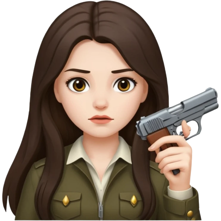 A brunette with long hair girl who is about to kill herself with a littlr gun pointed at her temple emoji