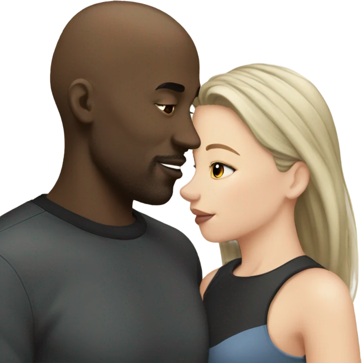 White girl dark hair kissing bald black man emoji