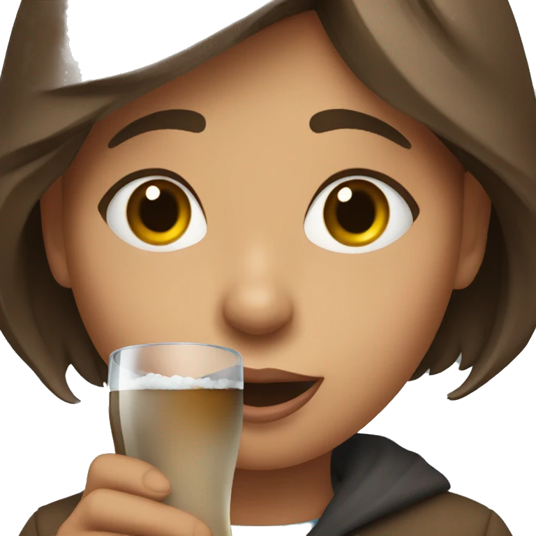 A young brown haired girl holding a glass with smoke coming out of her mouth from the cold  emoji