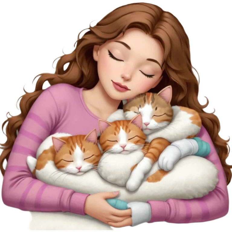 girl with long wavy brown hair, brown eyes, long lashes makeup, sexy pink lips, light to medium complexion,  sleeping on a cozy pillow, with 6 cats: 1 brown and white tabby cat, 1 ginger and white, 2 grey and white, 1 grey with white mittens and small white patch on chest and 1 calico, sleeping emoji