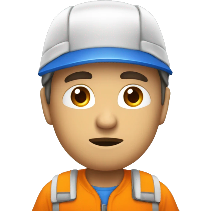 Técnico que repara electrodomésticos, con una gorra naranja y una camisa azul con blanco, triste con una cara triste emoji