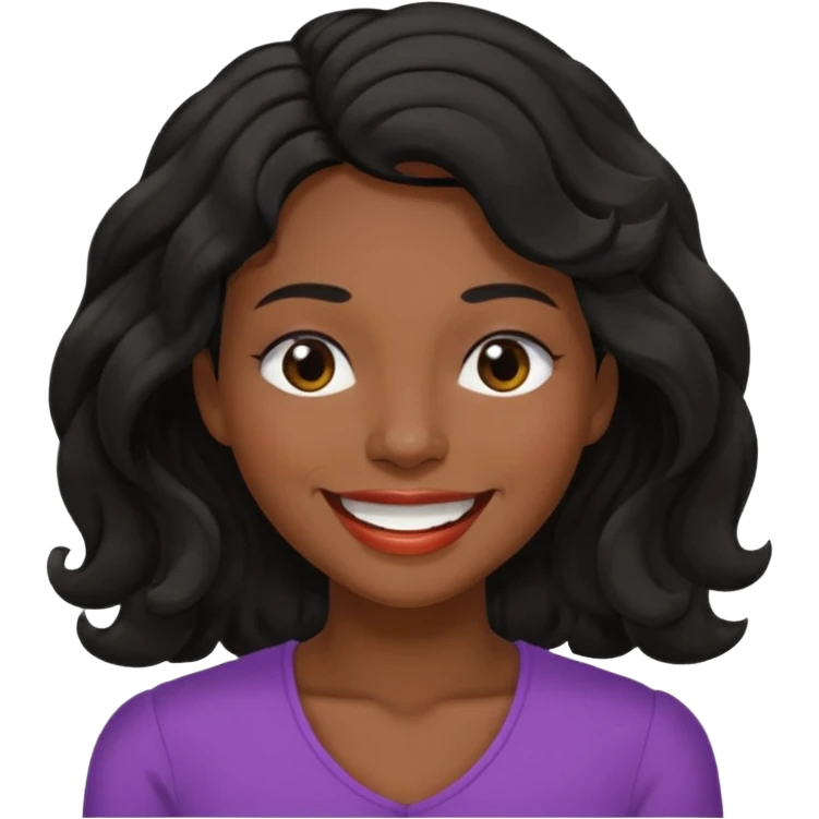 Happy face with big smile showing teeth,  dark brown skin color black women wavy hair shoulder length, eyes slightly closed emoji