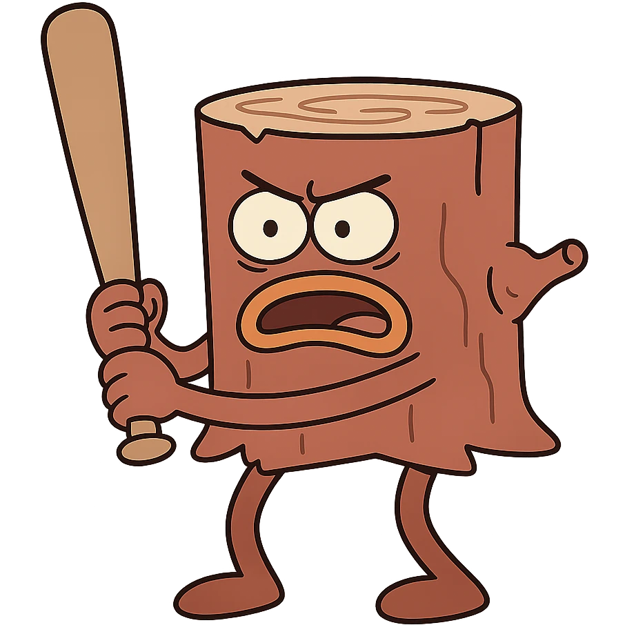 cartoonish tree stump character with limbs gripping a baseball bat emoji
