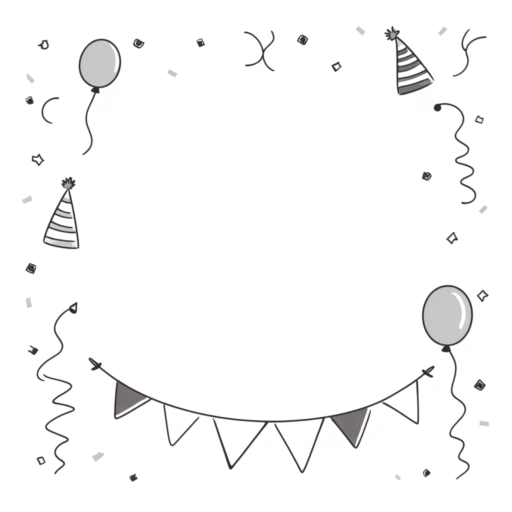 Festive party decorations including balloons, streamers, confetti, party hats, and bunting flags. Using specific pastel colors (dd9fb0, ffc6d3, a3bfc9, c4bee2, f1b091). Hand-drawn doodle style with playful, celebratory elements arranged in a decorative composition. Transparent background. emoji