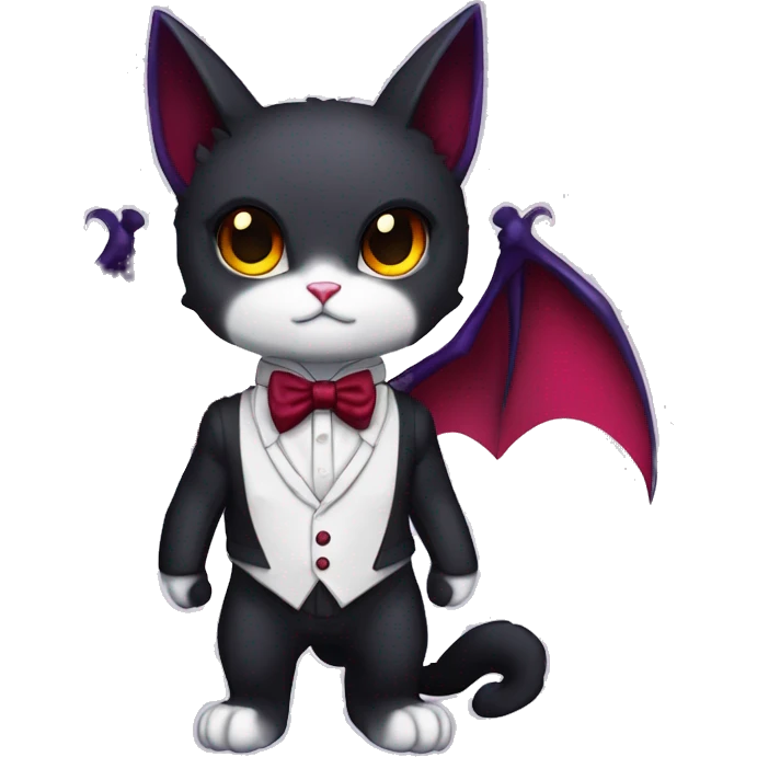 Cute-Edgy-Vampiric-Batty-Cat-Black-Purple-Red-Yellow-Contrast-Colors-Fantasy-Fur-Sona-Chibi-Shiny-Fakémon-Hybrid with horns and big fangs neck bow white tie leg spats full body emoji