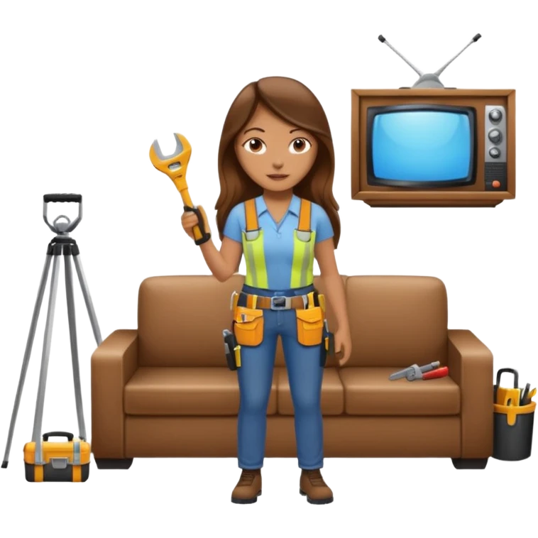 beautiful girl with long brown hair constructing new lounge room area with tv and couch emoji