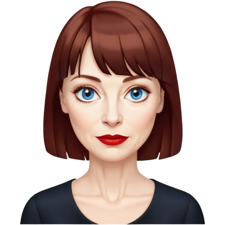 Woman in her late 50s with pale skin, wider face, more pronounced wrinkles, blue eyes with eyeliner, thin eyebrows, small nose, red lipstick, dark auburn hair with bangs, wearing a black top emoji