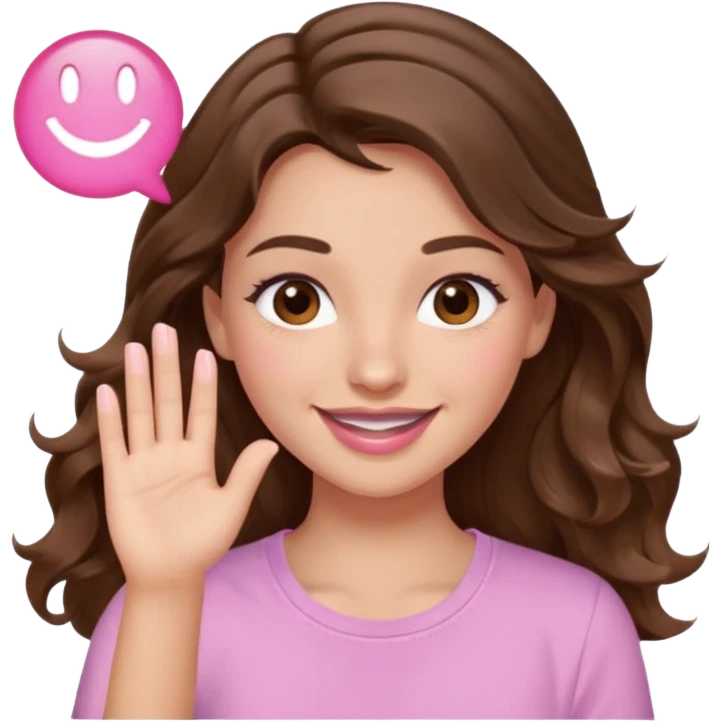 girl with wavy long brown hair, brown eyes, light to medium complexion, long lashes, light pink lipstick, smiling, wearing light pink shirt, slapping emoji