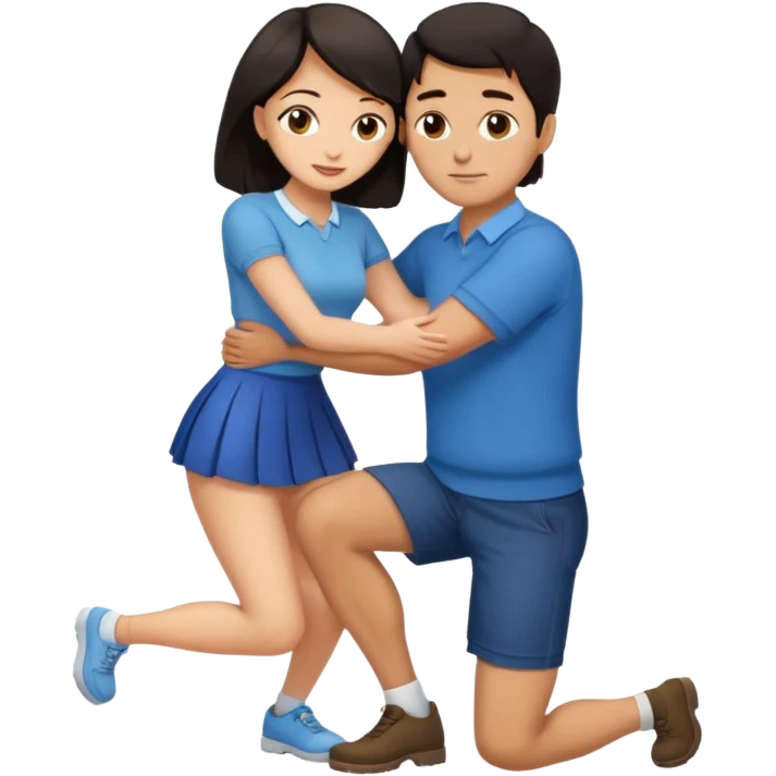  man with dark hair on knees, facing dark haired, middle aged woman in a micro mini skirt, hugging her waist emoji