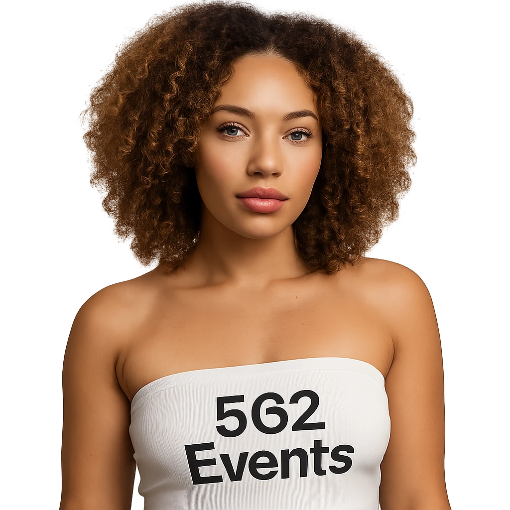realistic mixed Caucasian and African American Red Bone woman, wearing a white tube top with the text '562 Events' written on the tube top emoji