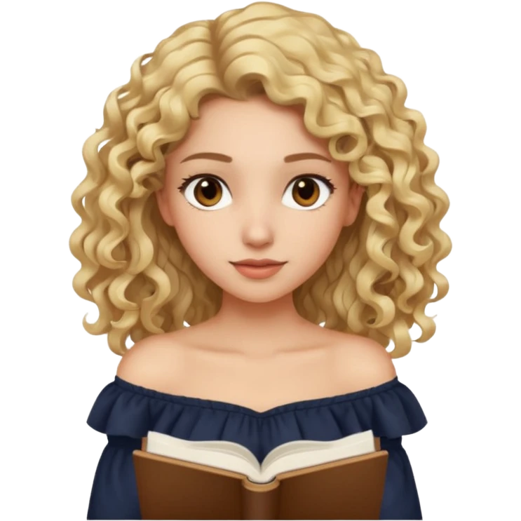 woman with long curly blond hair, brown eyes, wearing an off-shoulder top, studying emoji