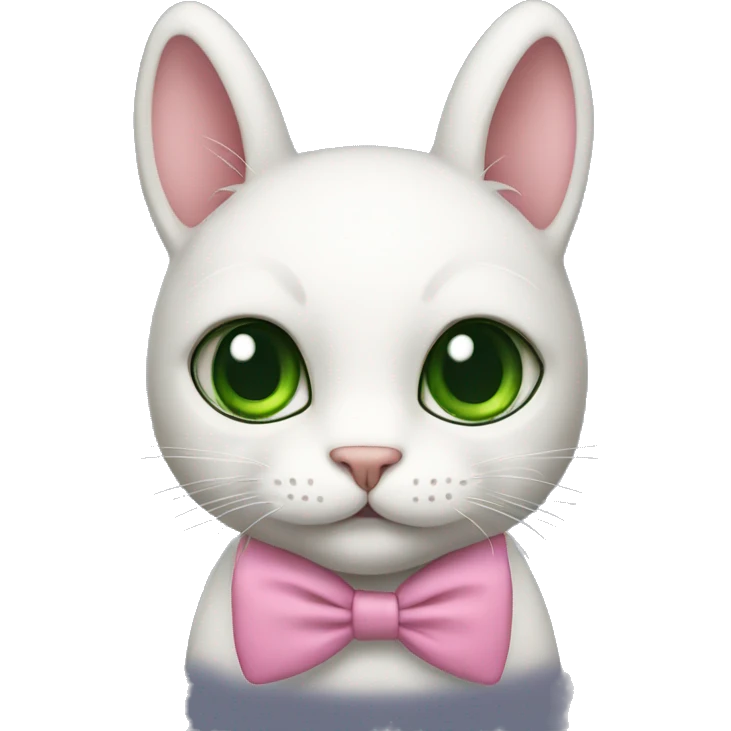 Cat in a bunny costume with pink bow tie and dark green eyes emoji