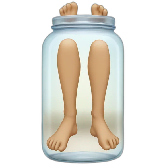 human legs standing on the floor with an empty transparent jar between them,outside,to the left and to the right,front view emoji