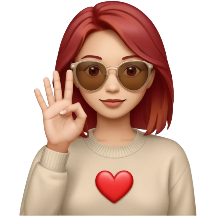This Memoji features a person with shoulder-length brown hair with some red hair highlights , wearing red-tinted sunglasses with a beige frame. They are dressed in a beige sweater over a light gray collared shirt. The character is making a small heart gesture with their fingers, commonly used to express love or appreciation. The expression appears friendly and confident emoji