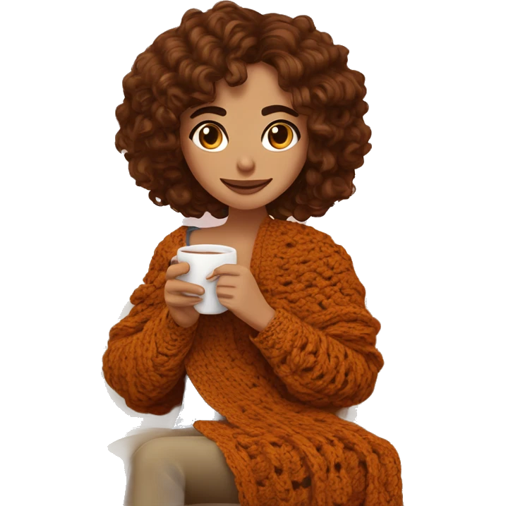 26 year old white Mediterranean woman with brown soft wavy hair and curtain bangs. She is crocheting a garment. She is sitting on the sofa with a crochet blanket that is in the color of cinnamon on herself. Near her there is a cup of tea. emoji