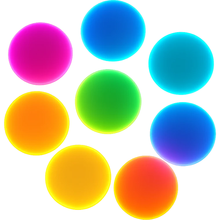 Arrange the neon multicolor dots in a tight cluster, overlapping slightly, keeping the style glowing and vibrant with no background. The style should be glowing neon vibrant colors. emoji