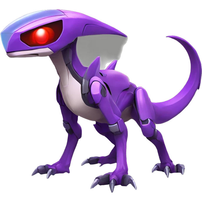 a purple-green-red Genesect-Raptor-Fakémon—hybrid with a futuristic visor-helmet full body emoji
