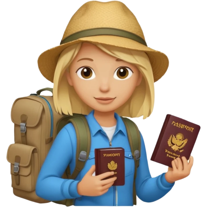 blonde haired Traveler character with passport, backpacker,  emoji