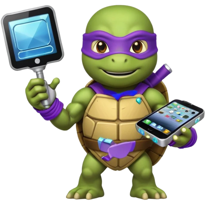 Donatello from Teenage Mutant Ninja Turtles, emoji style, holding a hologram device and a tech gadget emoji