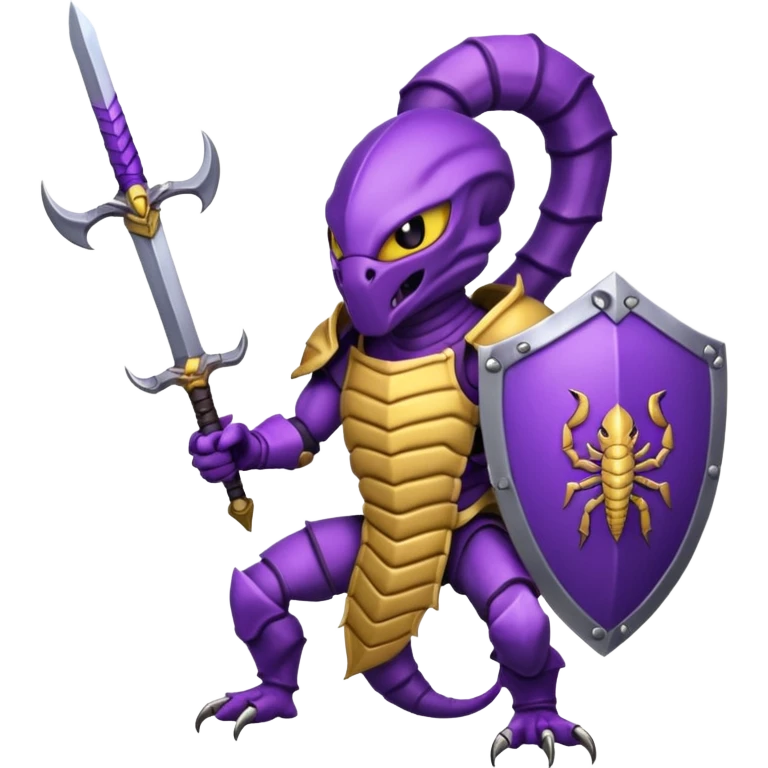 please make Scorpion of purple  in back ground with sword and shield emoji