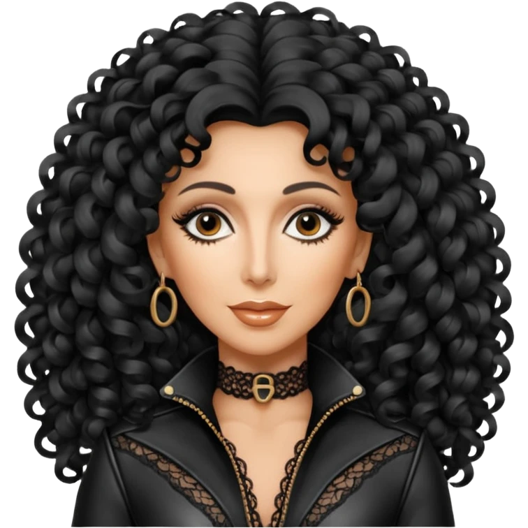 realistic cinematic singer Cher in a typical naked attractive outfit with leather and lace, huge curly hair like in the video If I Could Turn Back Time emoji