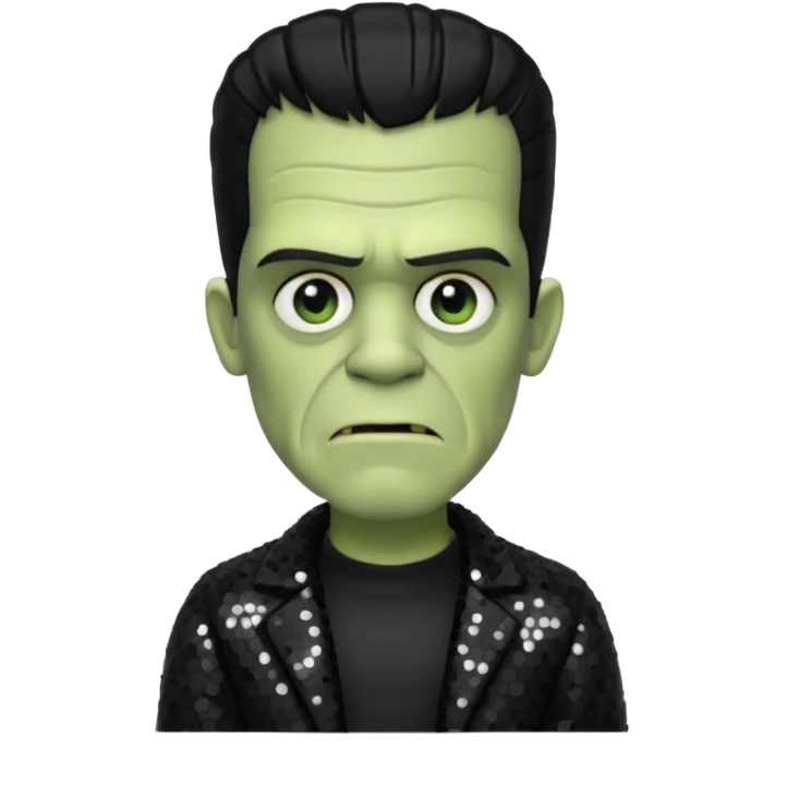 Frankenstein from Universal Monsters with pale greenish skin, black hair, black sequin outfit emoji