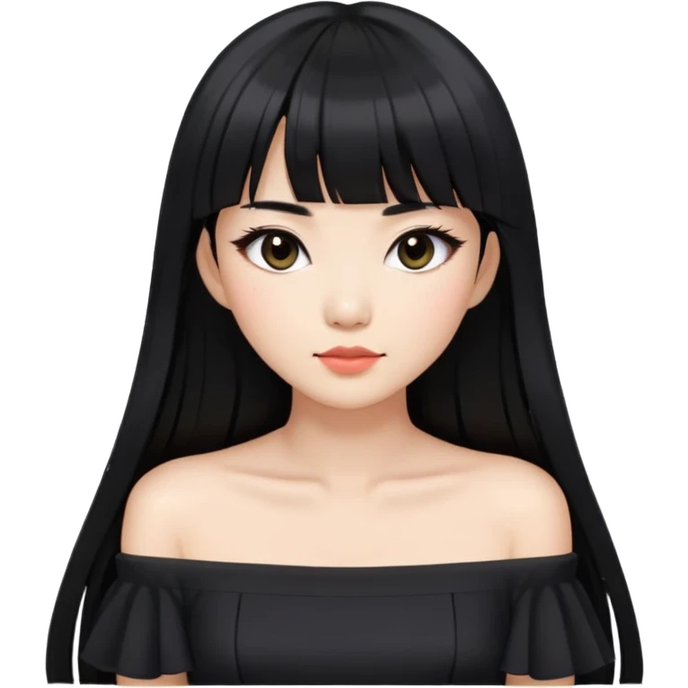 Asian woman with long black hair, straight bangs, black off-shoulder dress, and visible makeup emoji