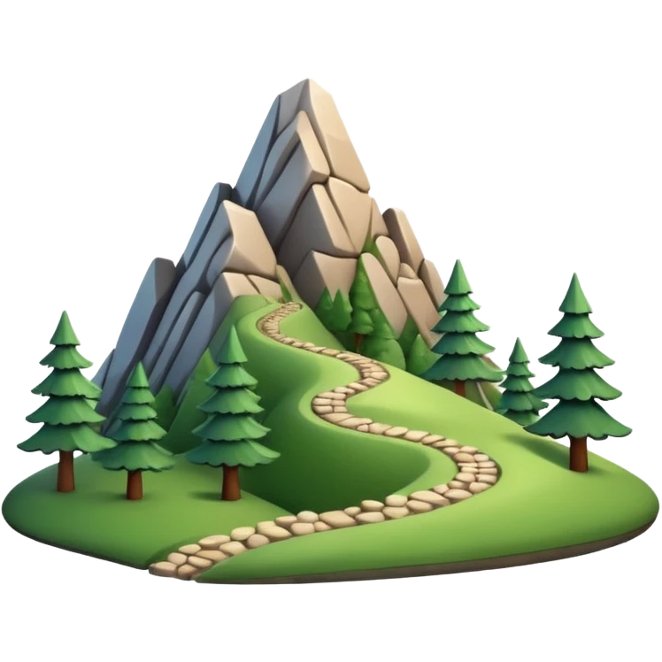 A 3D cartoon mountain trail winding up green slopes with stones and pine trees, distant peaks in background, warm daylight, Memoji-style. emoji