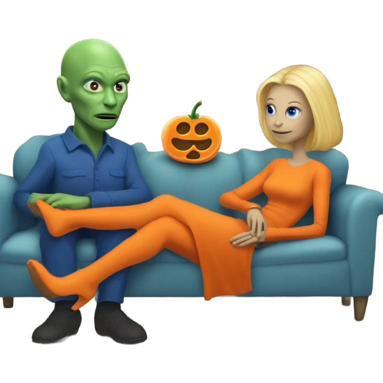 blonde alien reptilian woman in orange dress and humman man in blue, sitting on a couch  emoji