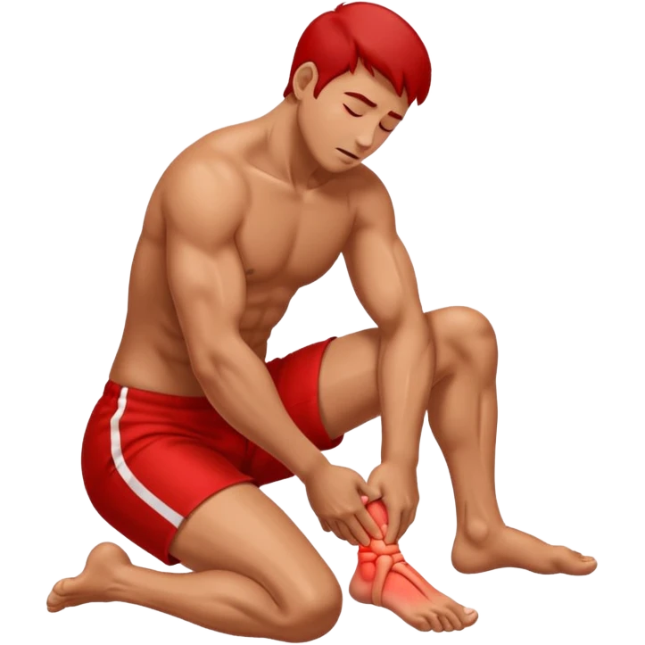 Man holding his foot in pain, muscle cramp in feet, red pain highlight on foot, simple medical emoji style, clean background emoji