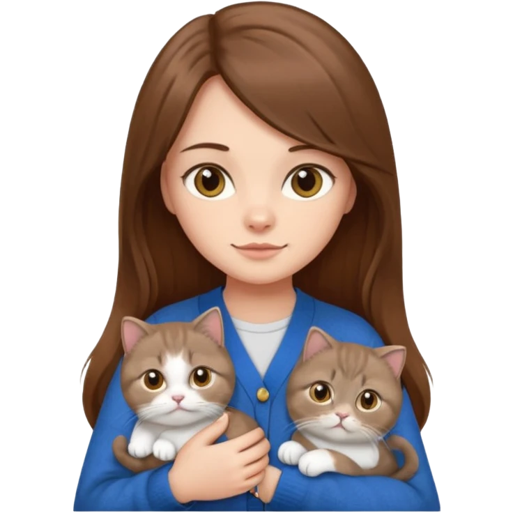 girl with long brown hair in a cardigan holding a Scottish Fold cat, emoji style emoji
