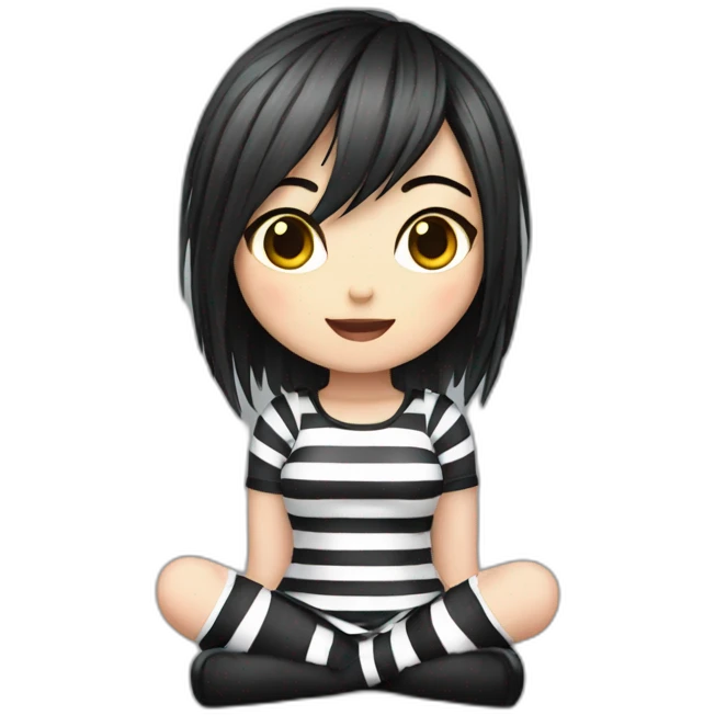 Frontal view curvy emo girl sits white skirt striped stockings hands up emoji