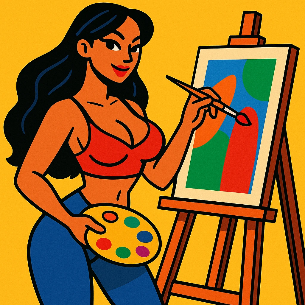 sexy tanned woman artist with long black hair, painting at an easel, holding a paint palette and brush, in vibrant toon style emoji