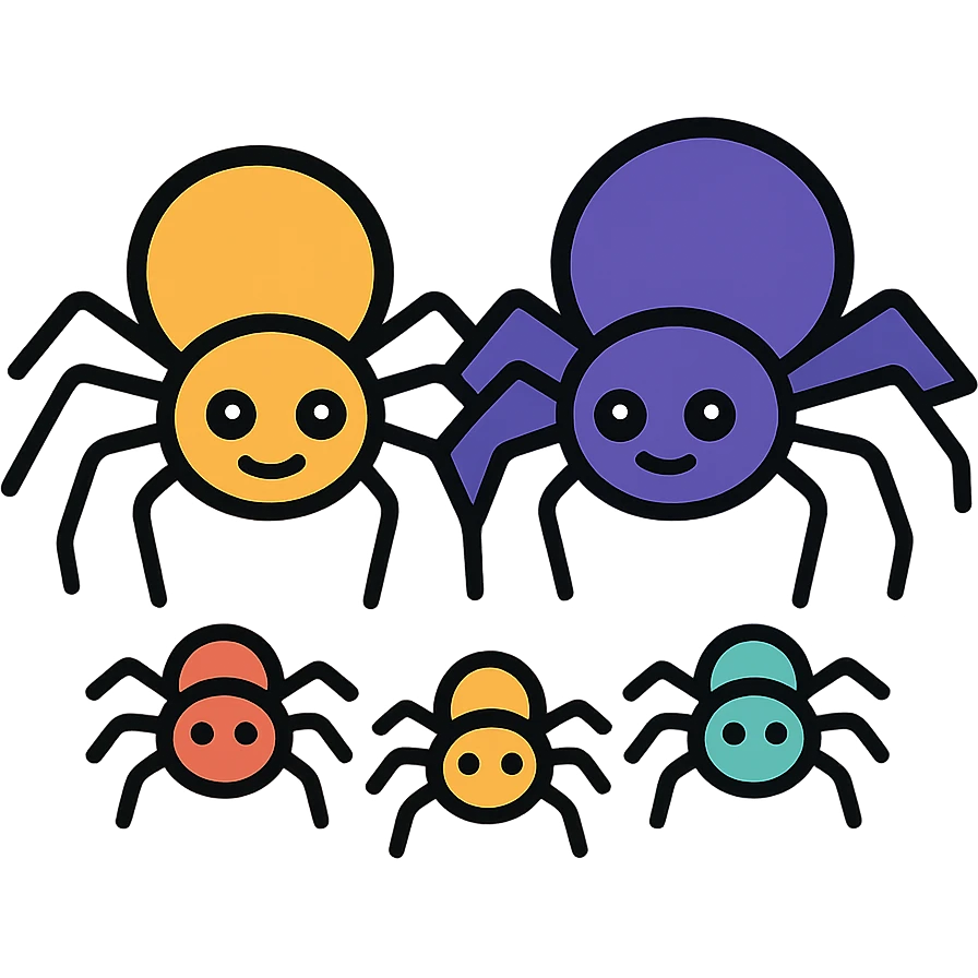 Spider family - parent spiders with baby spiders, showing family connection emoji