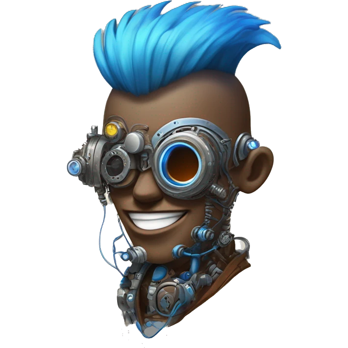 Brown cyborg head with blue Mohawk, blue beard, silver steampunk monocle goggles a smile and circuits emoji