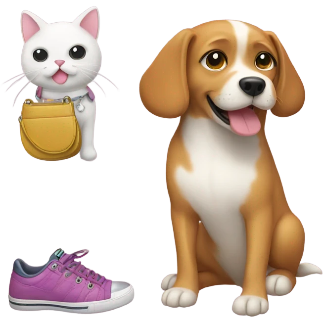 A dog with cat stickers and shoes on and with a purse emoji