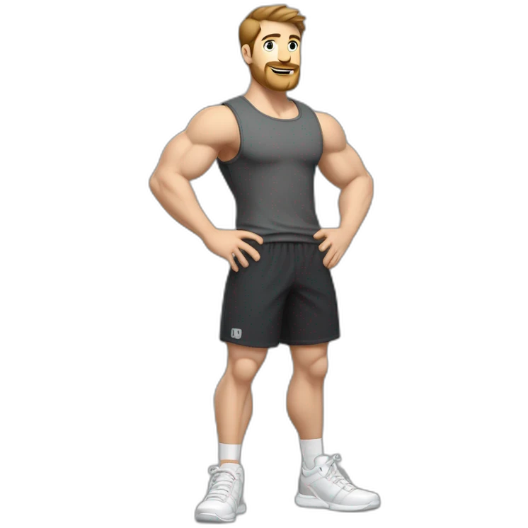 Full height Actively gesturing with hands Pale skinned Fit Man With the biceps and brown hair in dark gray Sleeveless Mike, black oversize sports shorts and white Sneakers emoji